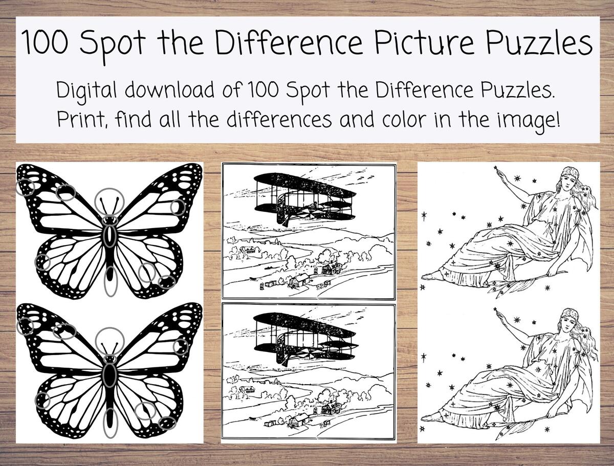 Printable 100 Spot The Difference Picture Puzzles Activity PDF Bundle For Adults And Teens Variety Of Images That Range From Easy To Hard Etsy