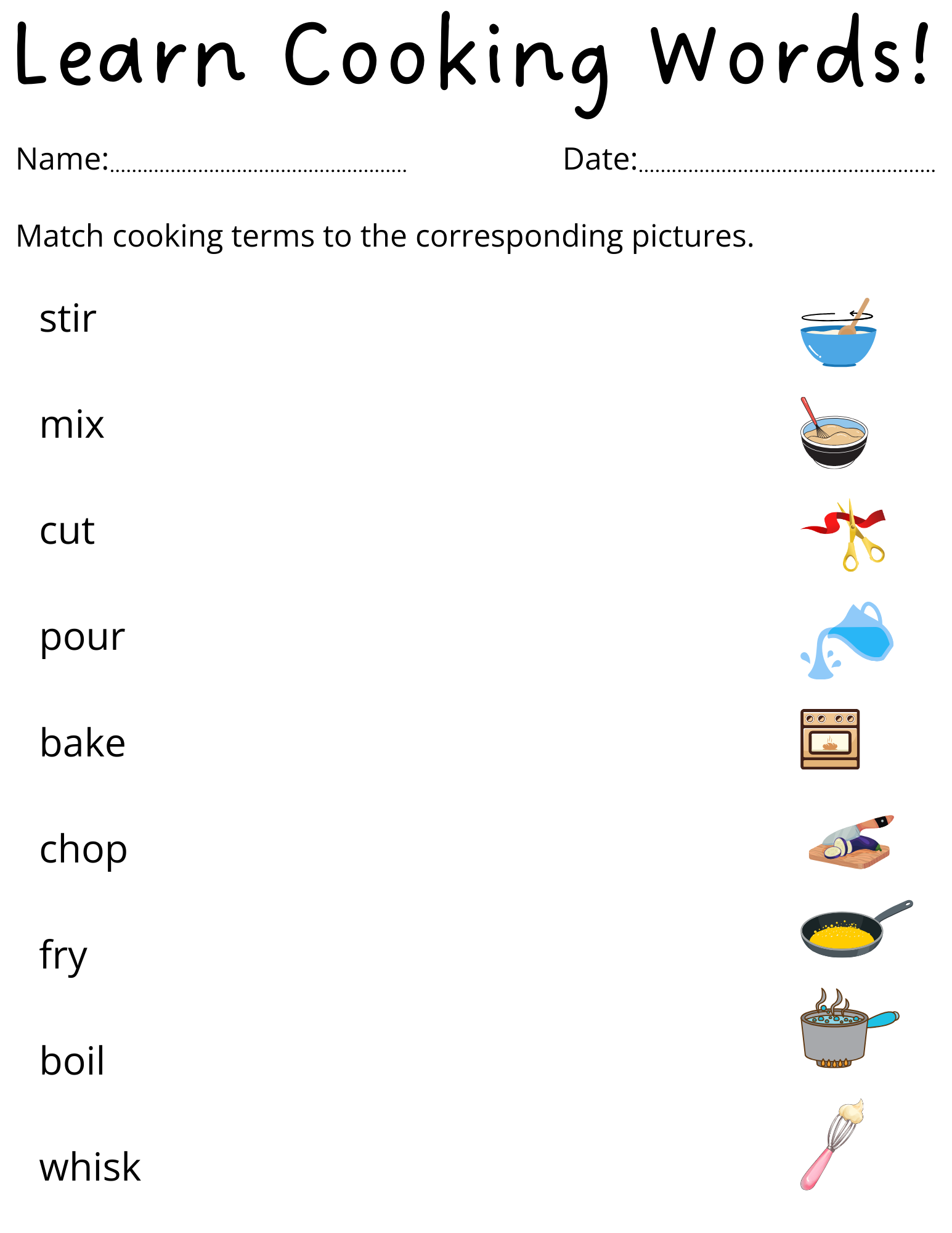 Printable Matching Cooking Terms Worksheet For Kids Teaching Resources Printable Matching Cooking Terms Worksheet For Kids Teaching Resources