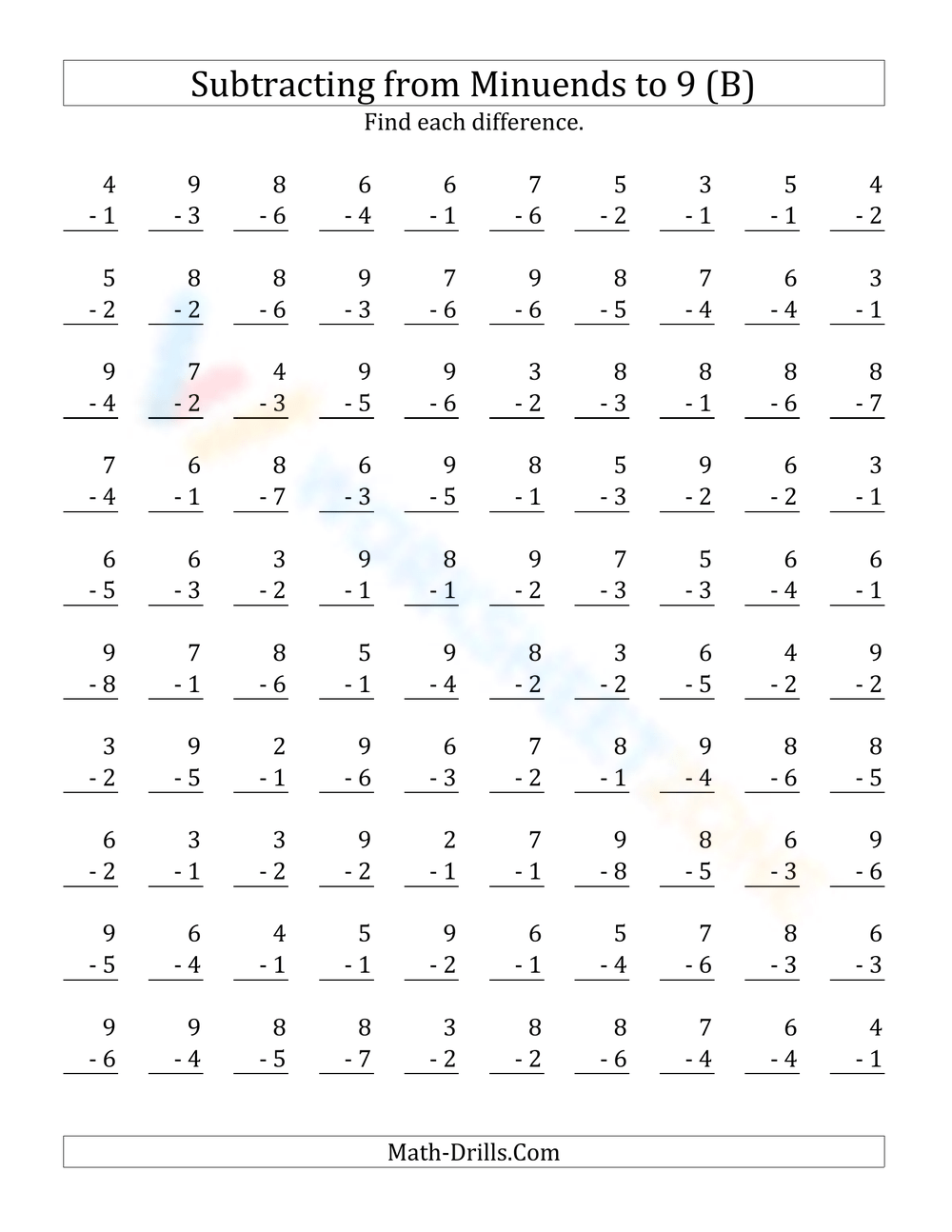 Printable Single Digit Subtraction Worksheets
