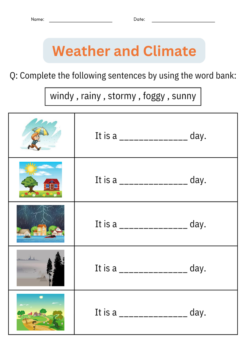 Weather Content Words Grade 1 Vocabulary Printable Skills Sheets