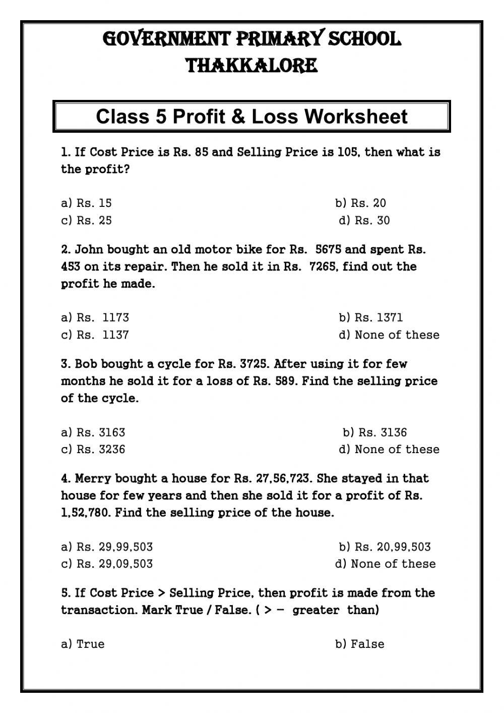 Profit And Loss Activity Worksheets Library Profit And Loss Activity Worksheets Library