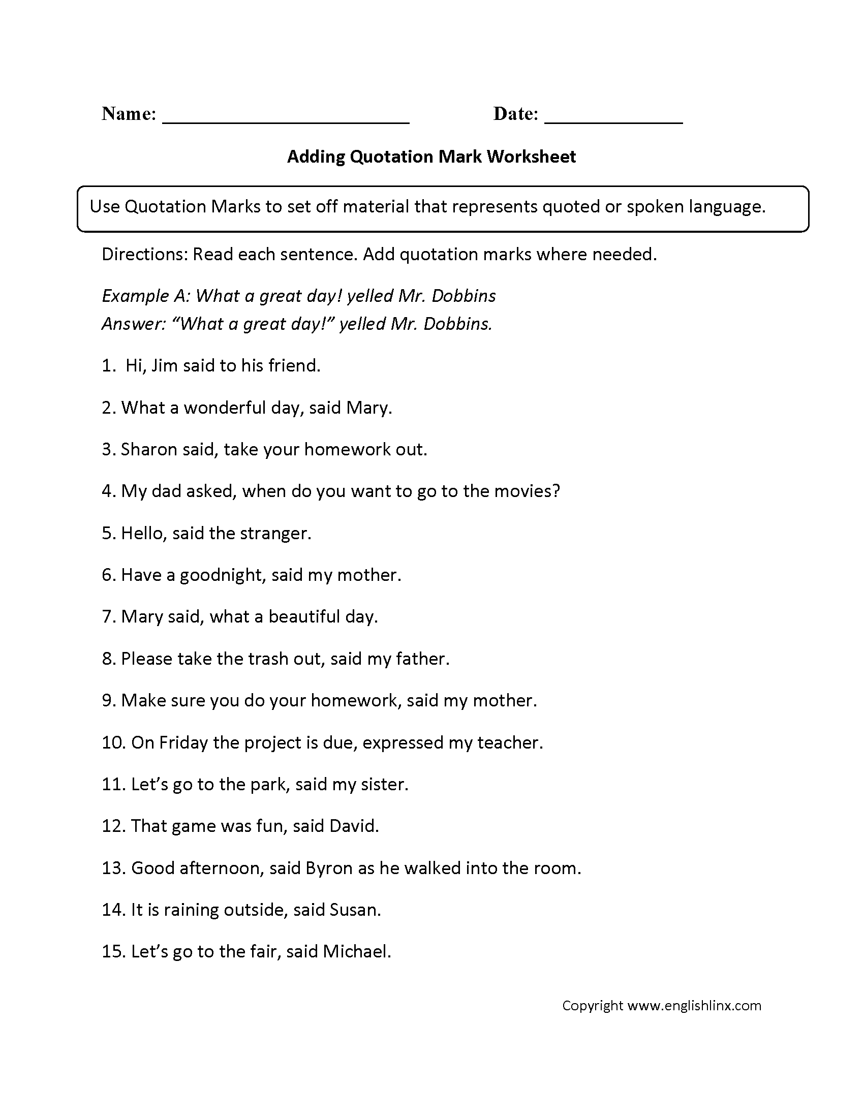 Punctuation Worksheets Quotation Mark Worksheets Worksheets Library