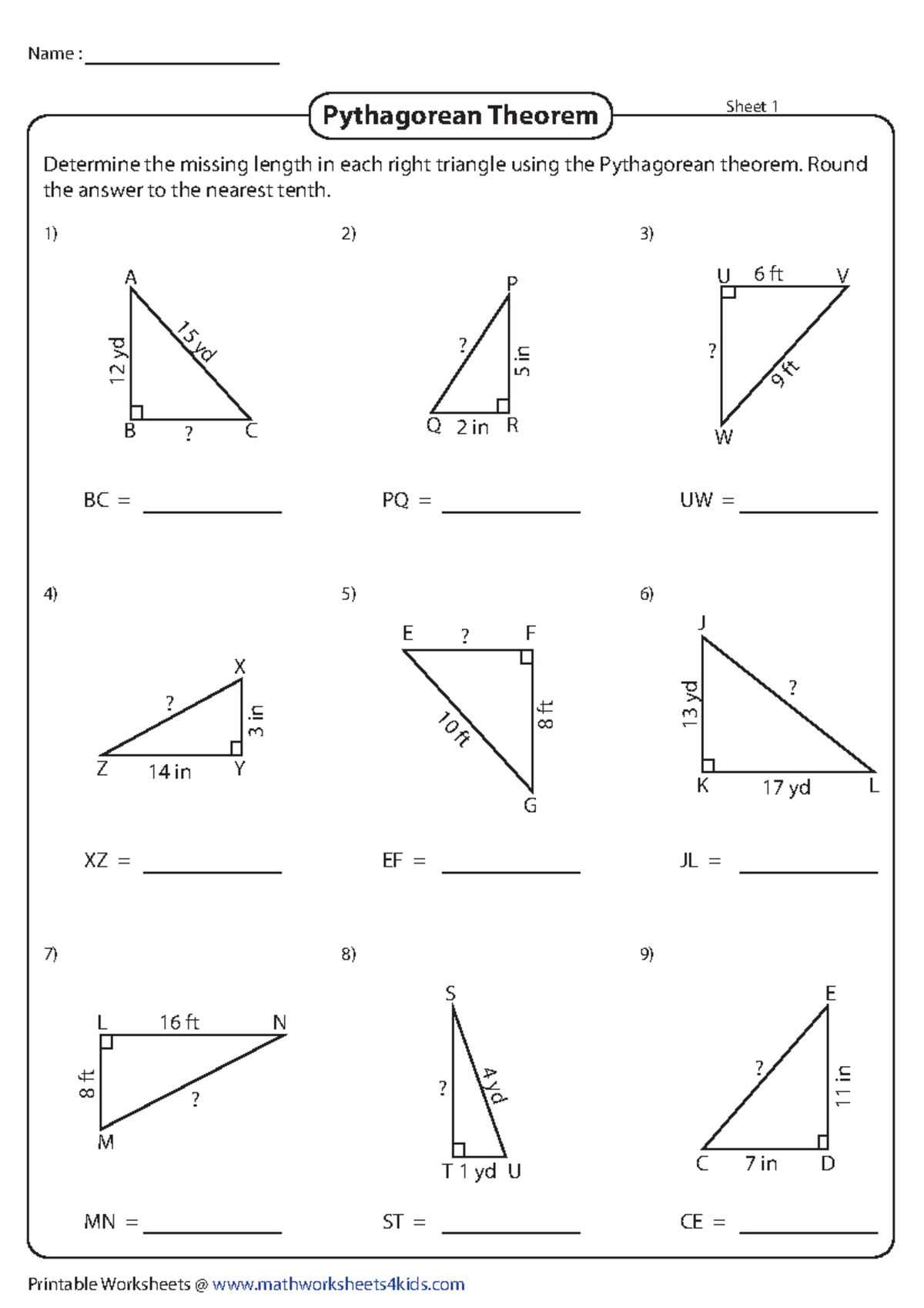 Pythagorean Theorem Worksheet Finding Missing Sides Studocu