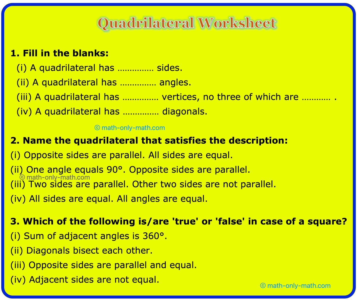 Quadrilateral Worksheet Different Types Of Questions In Quadrilateral Quadrilateral Worksheet Different Types Of Questions In Quadrilateral