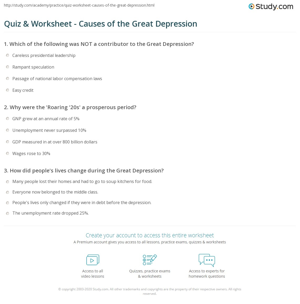 Quiz Worksheet Causes Of The Great Depression Study