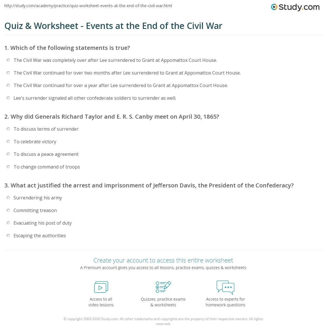 Quiz Worksheet Events At The End Of The Civil War Study Quiz Worksheet Events At The End Of The Civil War Study