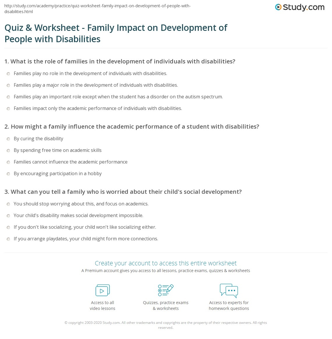 Quiz Worksheet Family Impact On Development Of People With Disabilities Study
