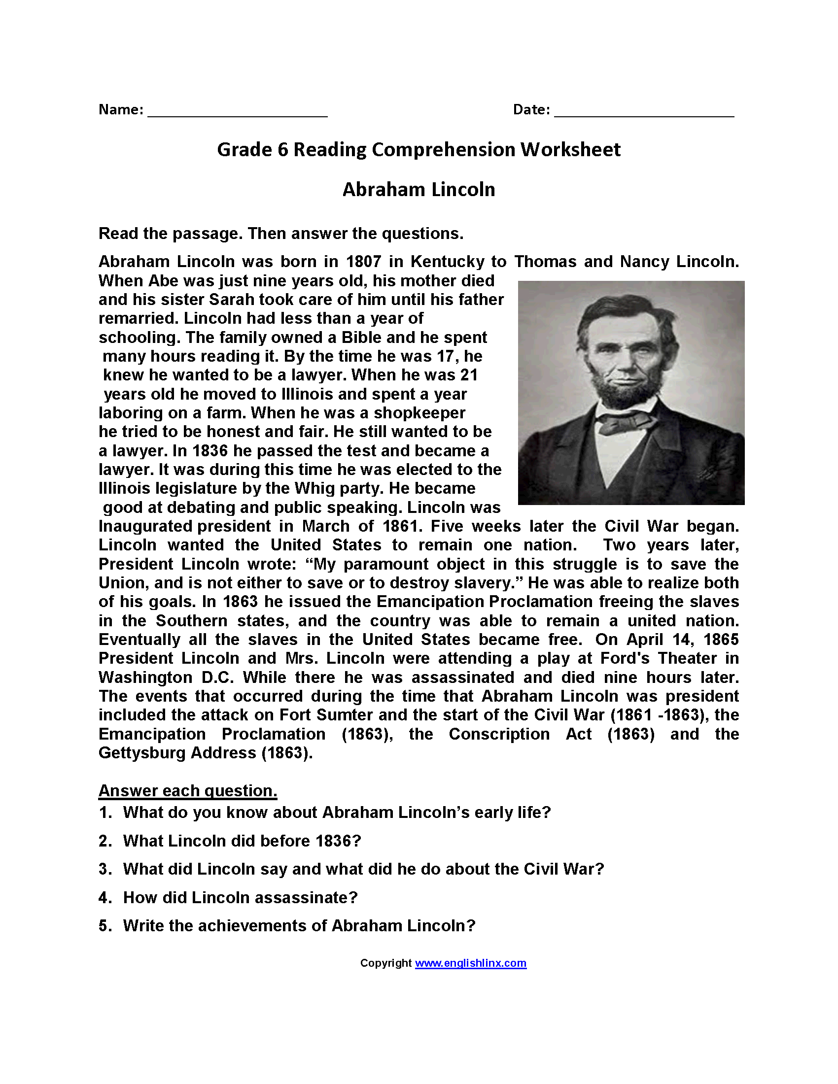 Grade 6 Reading Comprehension Grade1to6