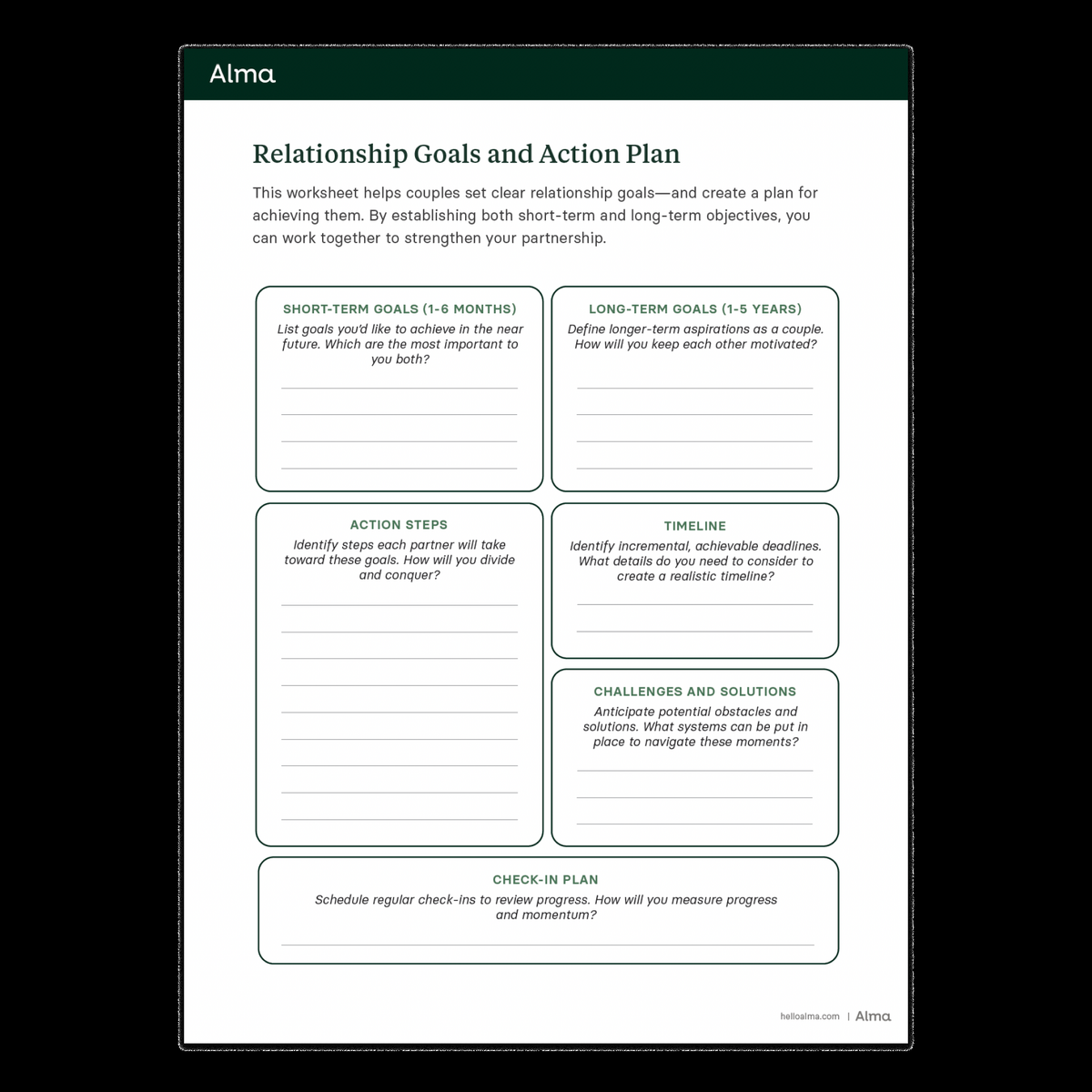 Relationship Goals And Action Plan Worksheet For Couples Alma
