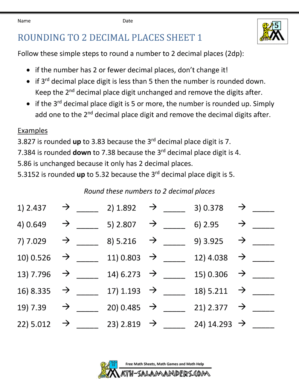 Rounding Decimal Places Rounding Numbers To 2dp