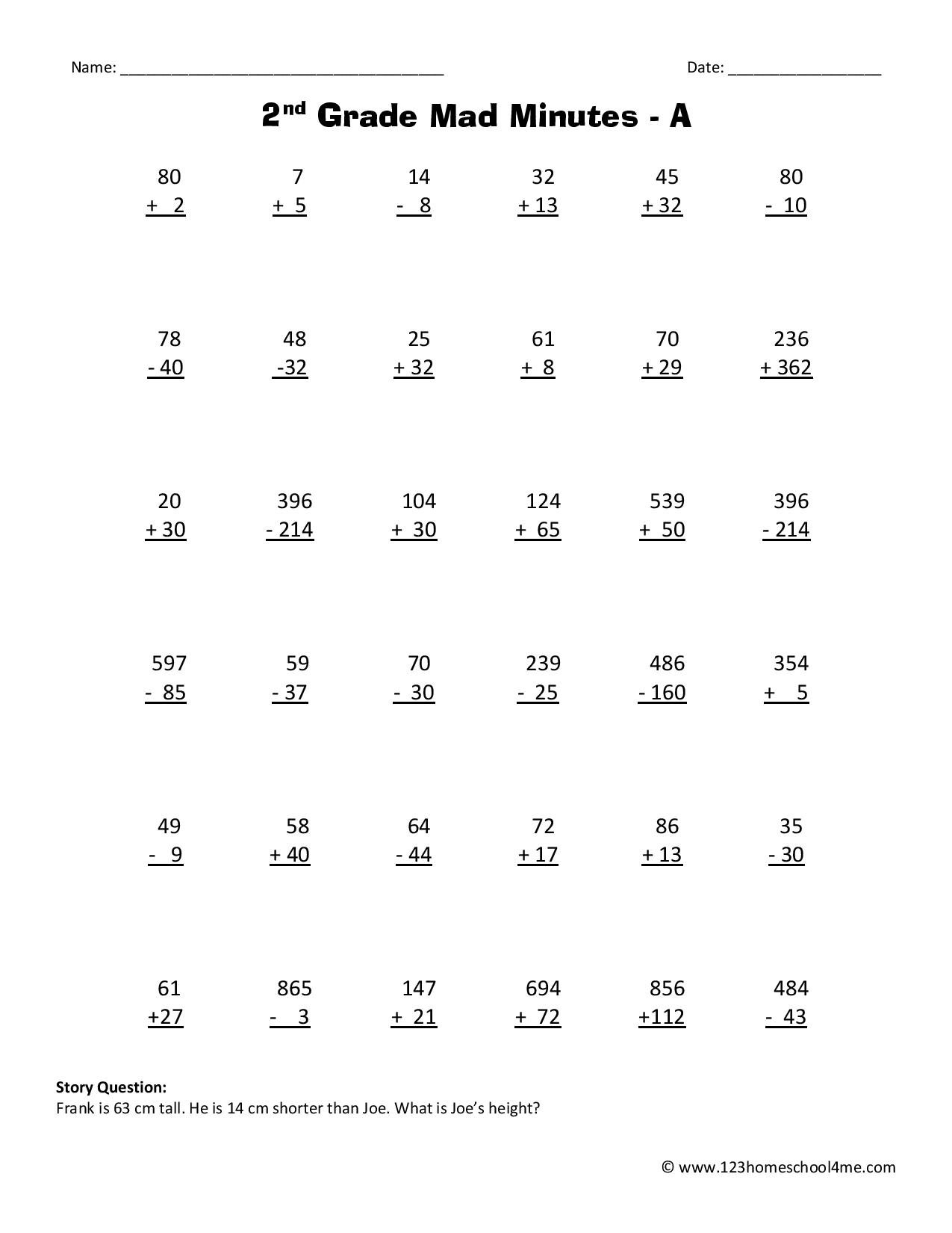 Second Grade Math Worksheets 123 Homeschool 4 Me FREE Printable 2nd Grade Math Minutes Worksheets Pdf