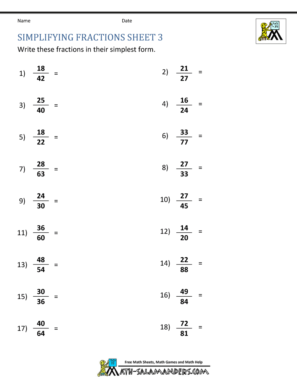 Simplifying Fractions Worksheet Reducing Fractions To Lowest Terms Worksheets 10 Free Pages
