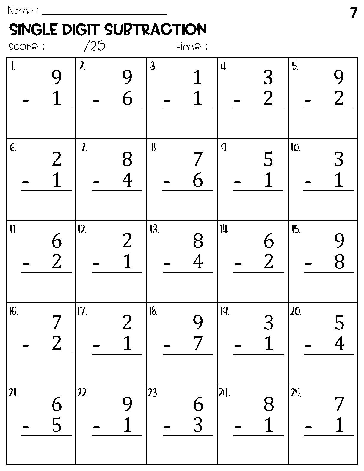 Single Digit Subtraction Worksheets Etsy Canada