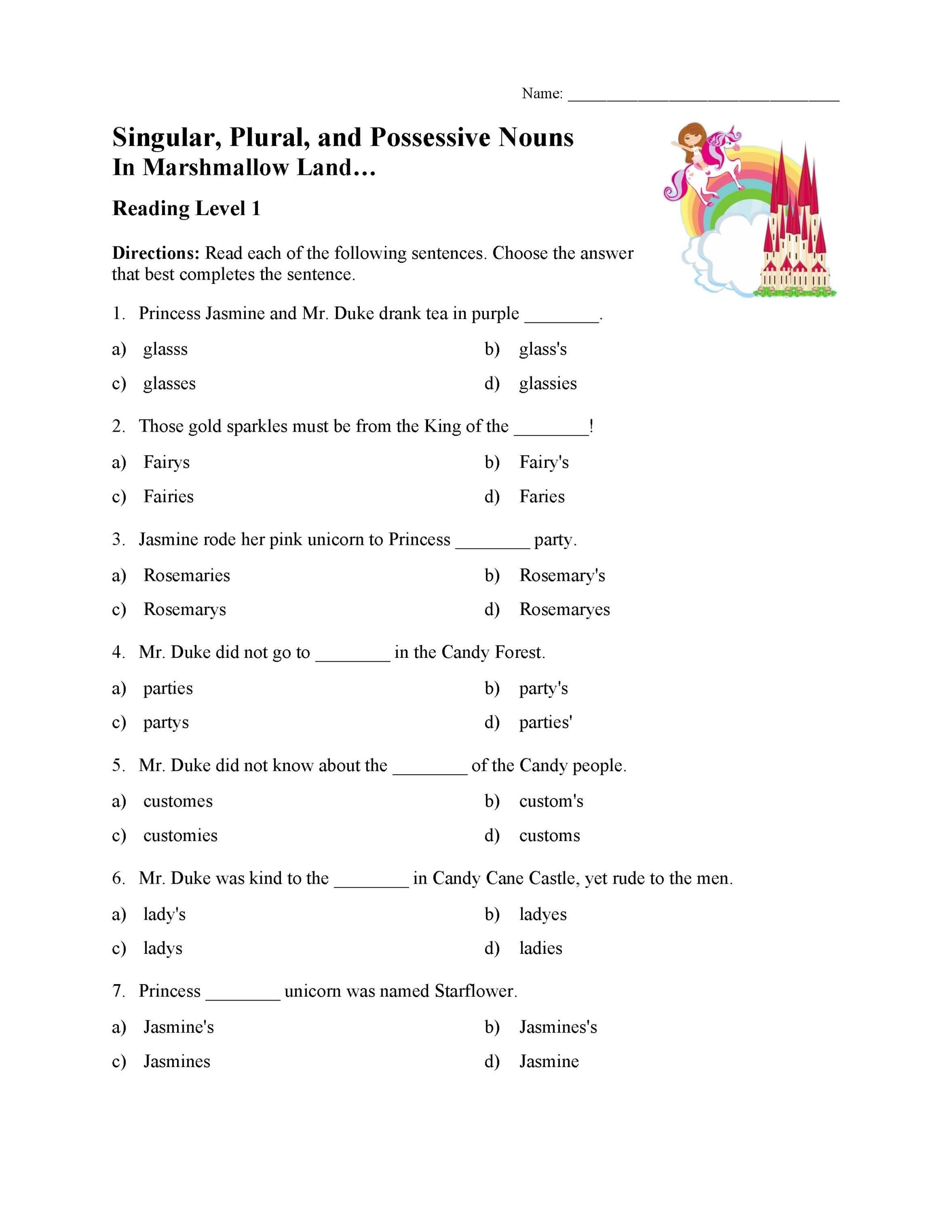 Singular Plural And Possessive Nouns Test 1 Reading Level 1 Preview