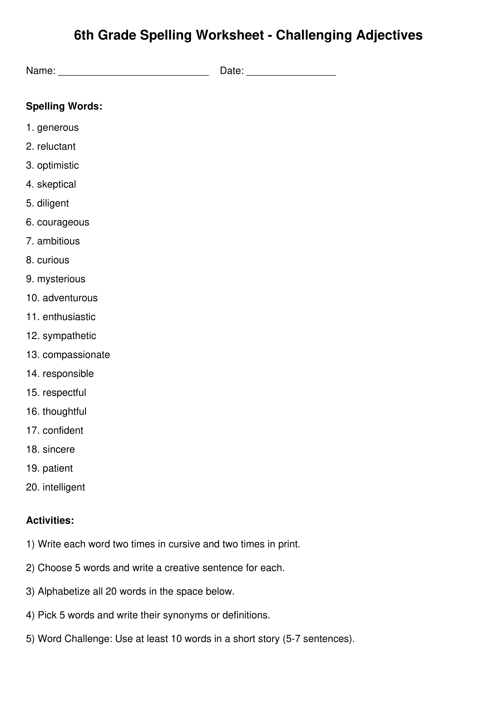 Sixth Grade Spelling Worksheets Printable Word Lists Vocabulary Practice
