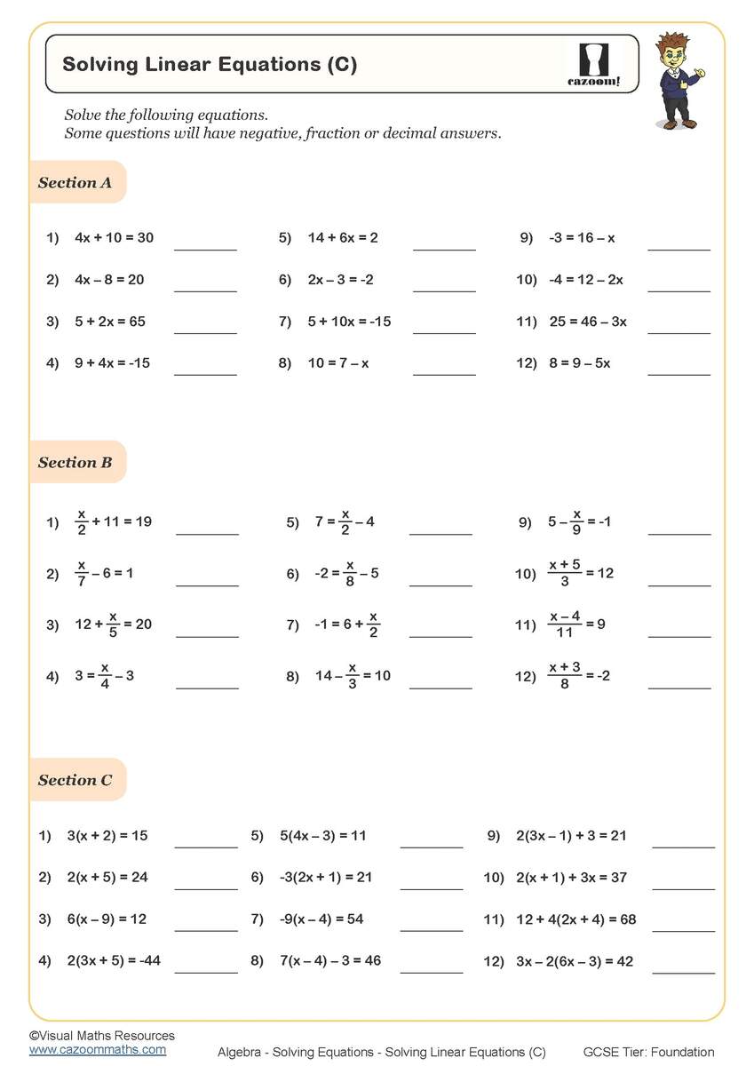 Solving Linear Equations C Worksheet Printable Maths Worksheets Ninth Grade Math Practice Worksheet Worksheets Worksheets