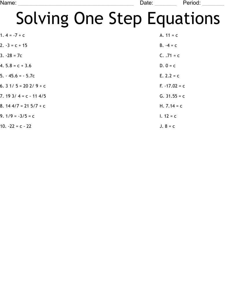 Solving One Step Equations Worksheet WordMint