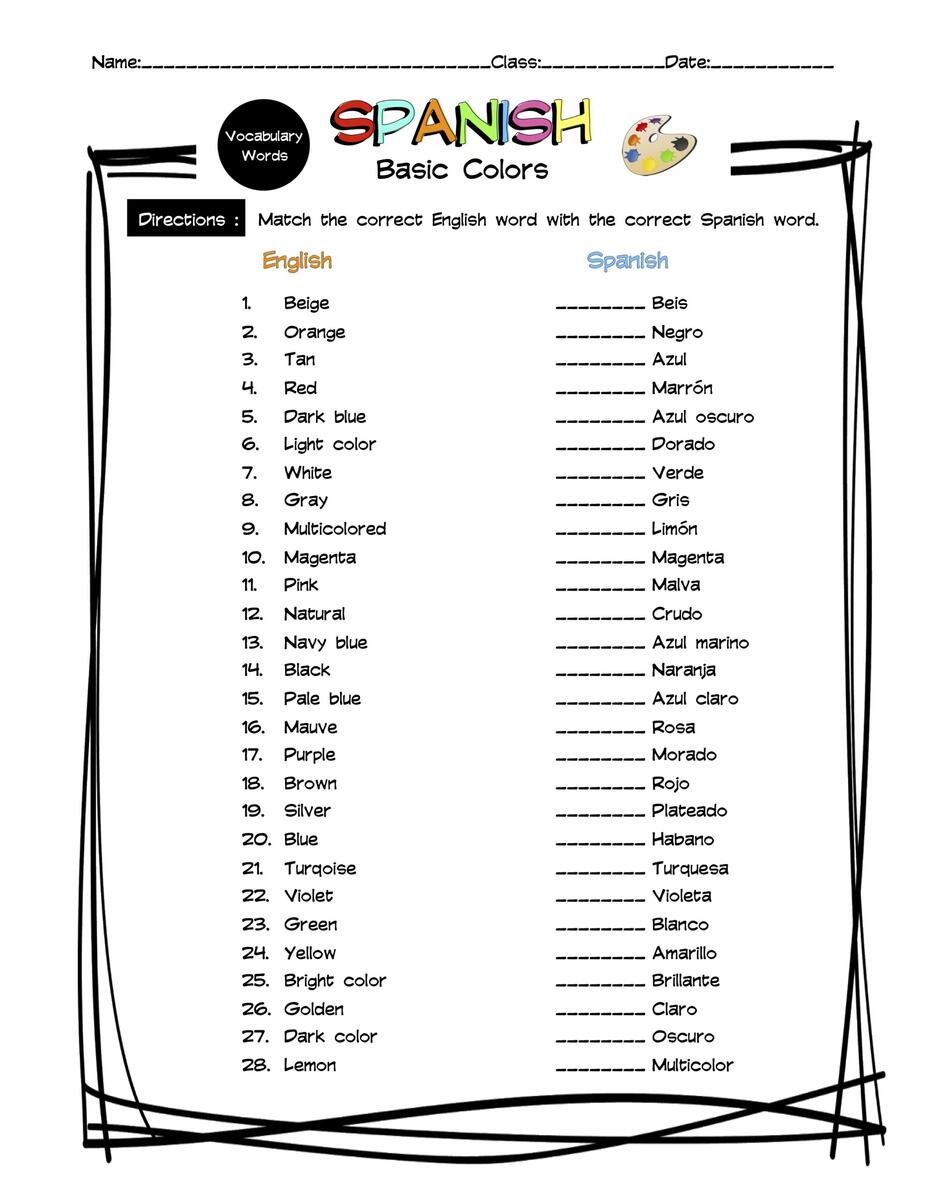 Spanish Colors Vocabulary Matching Worksheet Answer Key Made By Teachers