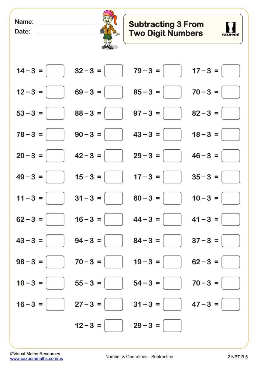 Subtracting 3 From Two Digit Numbers 50 Questions PDF Printable Number And Operations Worksheets Cazoom Math