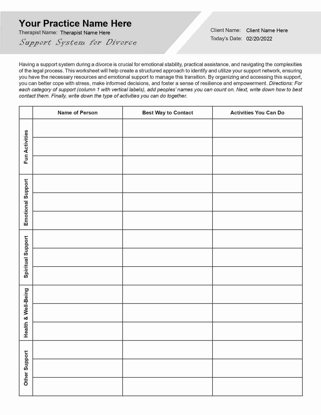 Support System For Divorce Worksheet PDF TherapyByPro Support System For Divorce Worksheet Editable Printable Fillable PDF For Counselors Psychologists Therapists Etsy
