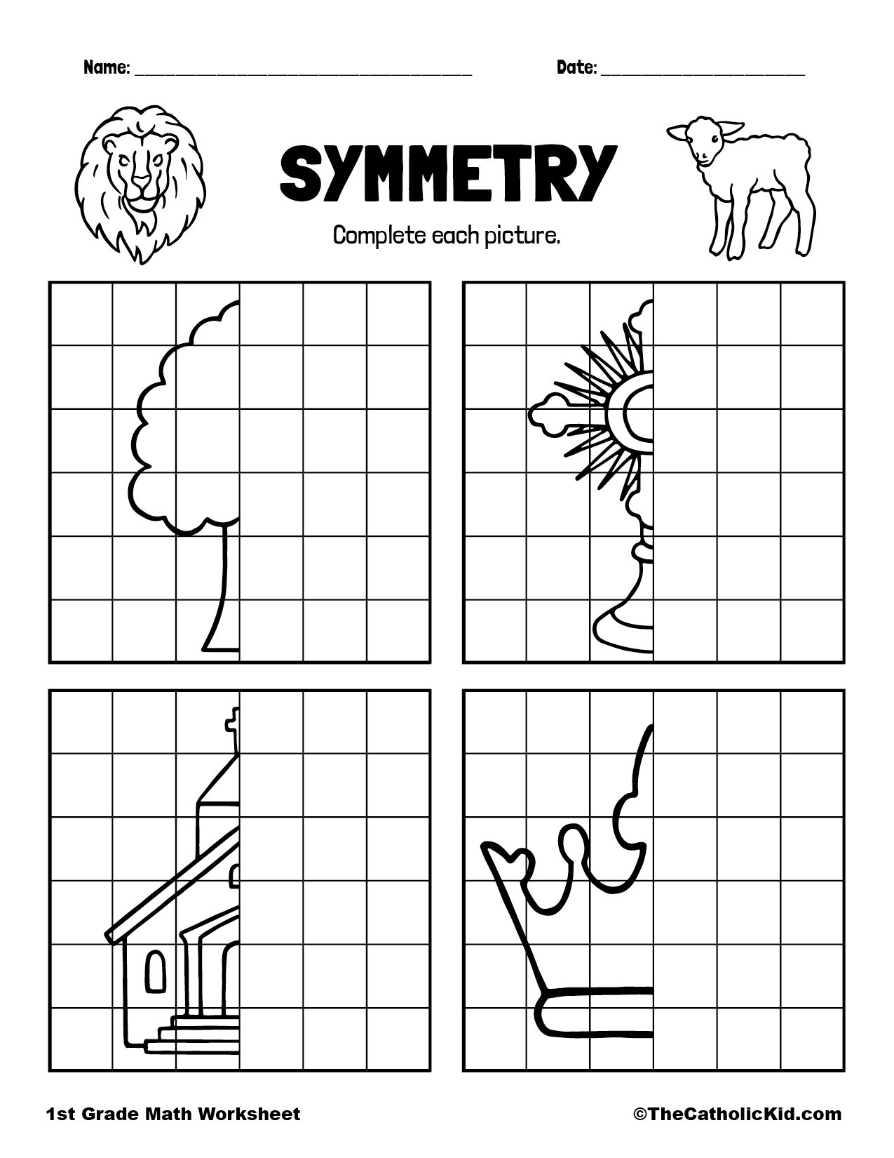Symmetry Complete Each Picture TheCatholicKid 1st Grade Symmetry Worksheets Grade1to6