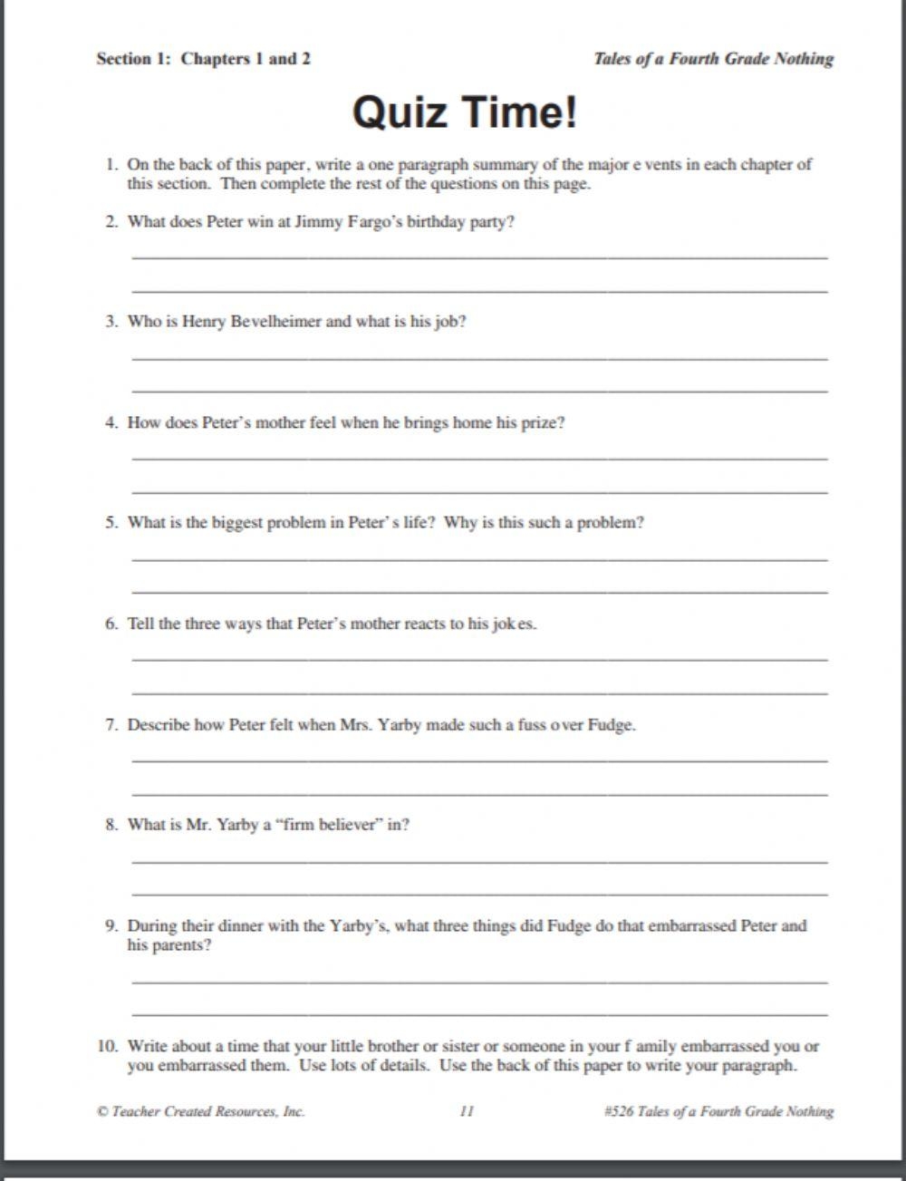 Tales Of A Fourth Grade Nothing Novel Study Comprehension And Worksheets Library