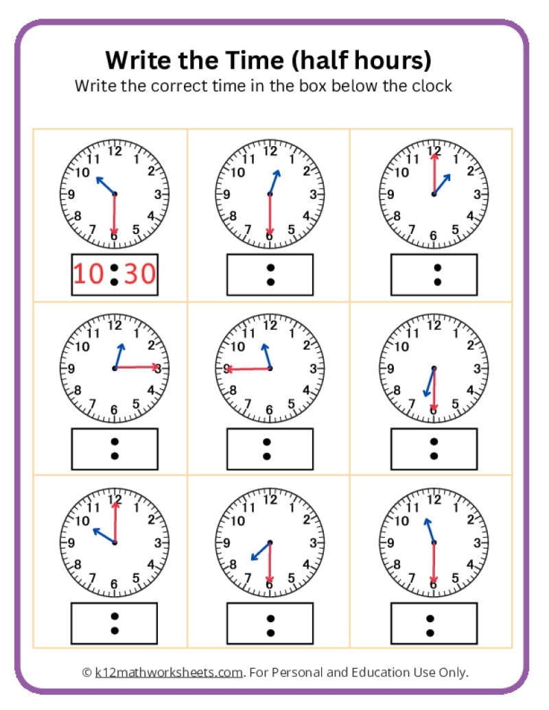 Telling Time Half Past The Hour Worksheets For 1st And 2nd Graders