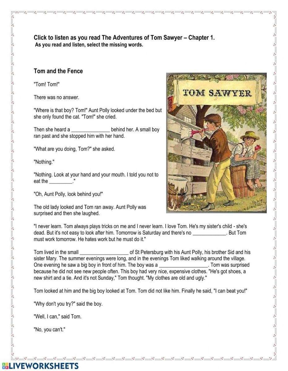 The Adventures Of Tom Sawyer Chapter 1 Worksheet Worksheets Library