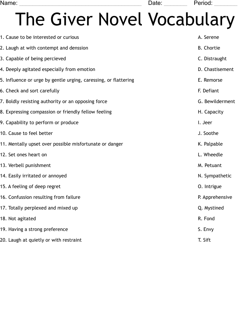 The Giver Novel Vocabulary Worksheet WordMint The Giver Novel Vocabulary Worksheet WordMint