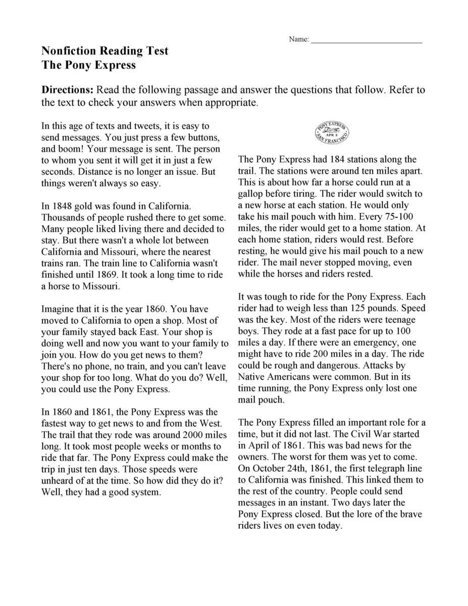 The Pony Express Nonfiction Reading Activity