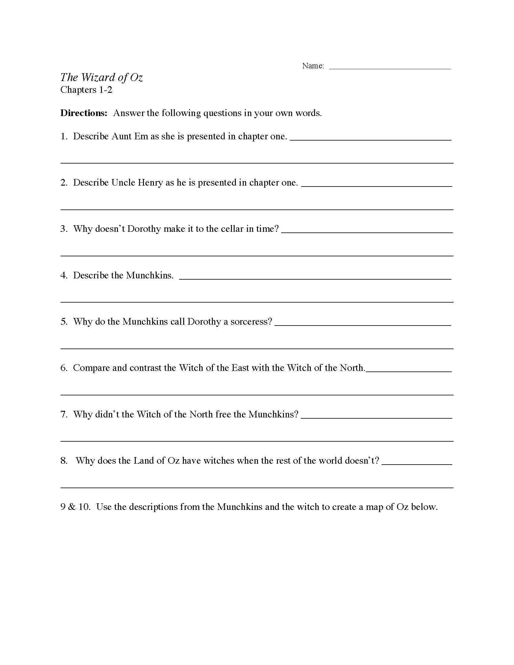The Wizard Of Oz Chapters 1 2 Worksheet Preview The Wizard Of Oz Chapters 1 2 Worksheet Preview