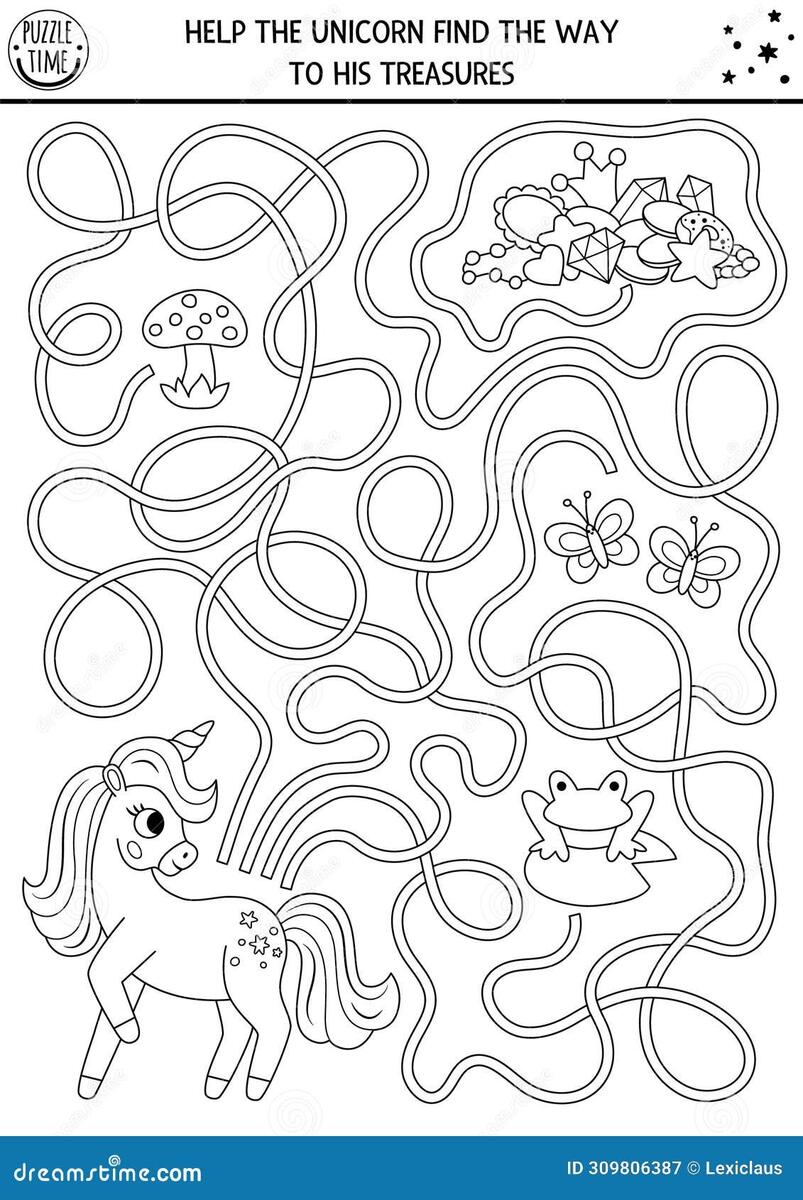 Unicorn Black And White Maze For Kids With Fantasy Horse And Treasures Magic Printable Line Activity Or Coloring Page With Stock Vector Illustration Of Unicorn Holiday 309806387