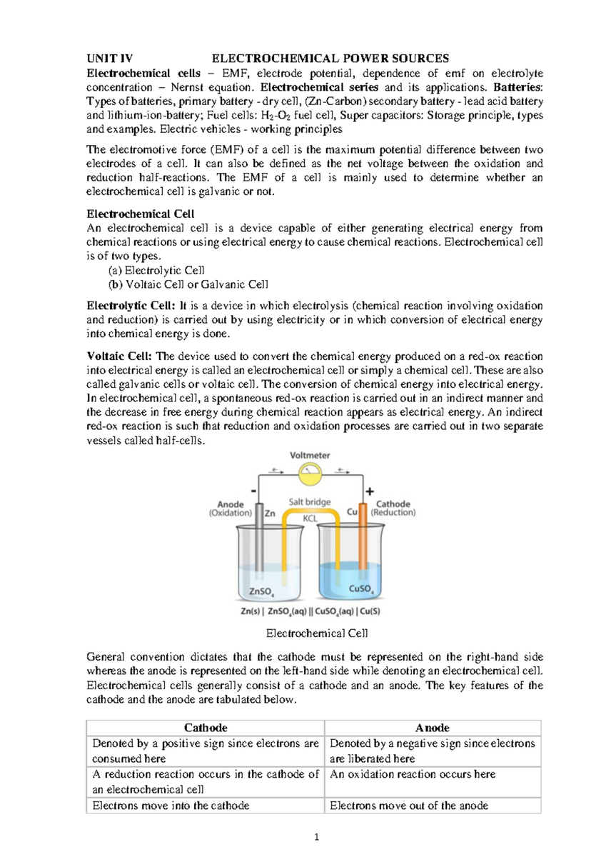 Unit IV And V It S About Fuel And Cells UNIT IV ELECTROCHEMICAL POWER SOURCES Electrochemical Studocu