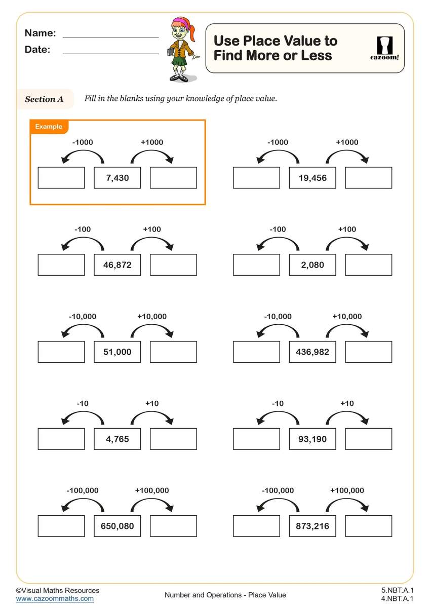 Use Place Value To Find More Or Less Worksheet Printable PDF 4th And 5th Grade Number Operations Worksheet Cazoom Math