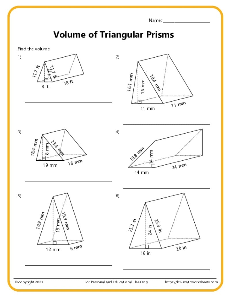 Volume And Surface Area Of Triangular Prisms K12 Math Worksheets Volume And Surface Area Of Triangular Prisms K12 Math Worksheets