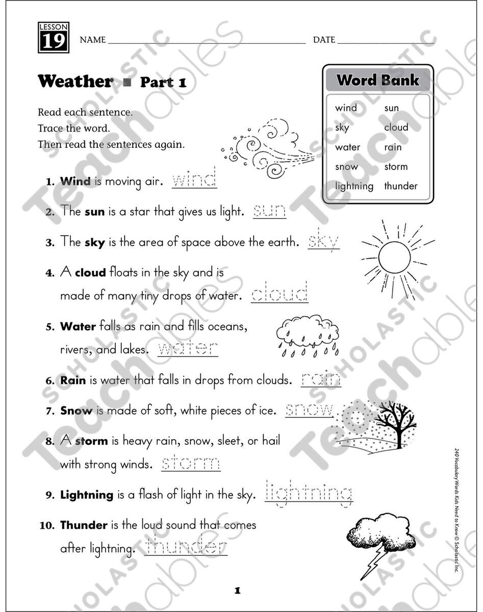 Weather Content Words Grade 1 Vocabulary Printable Skills Sheets