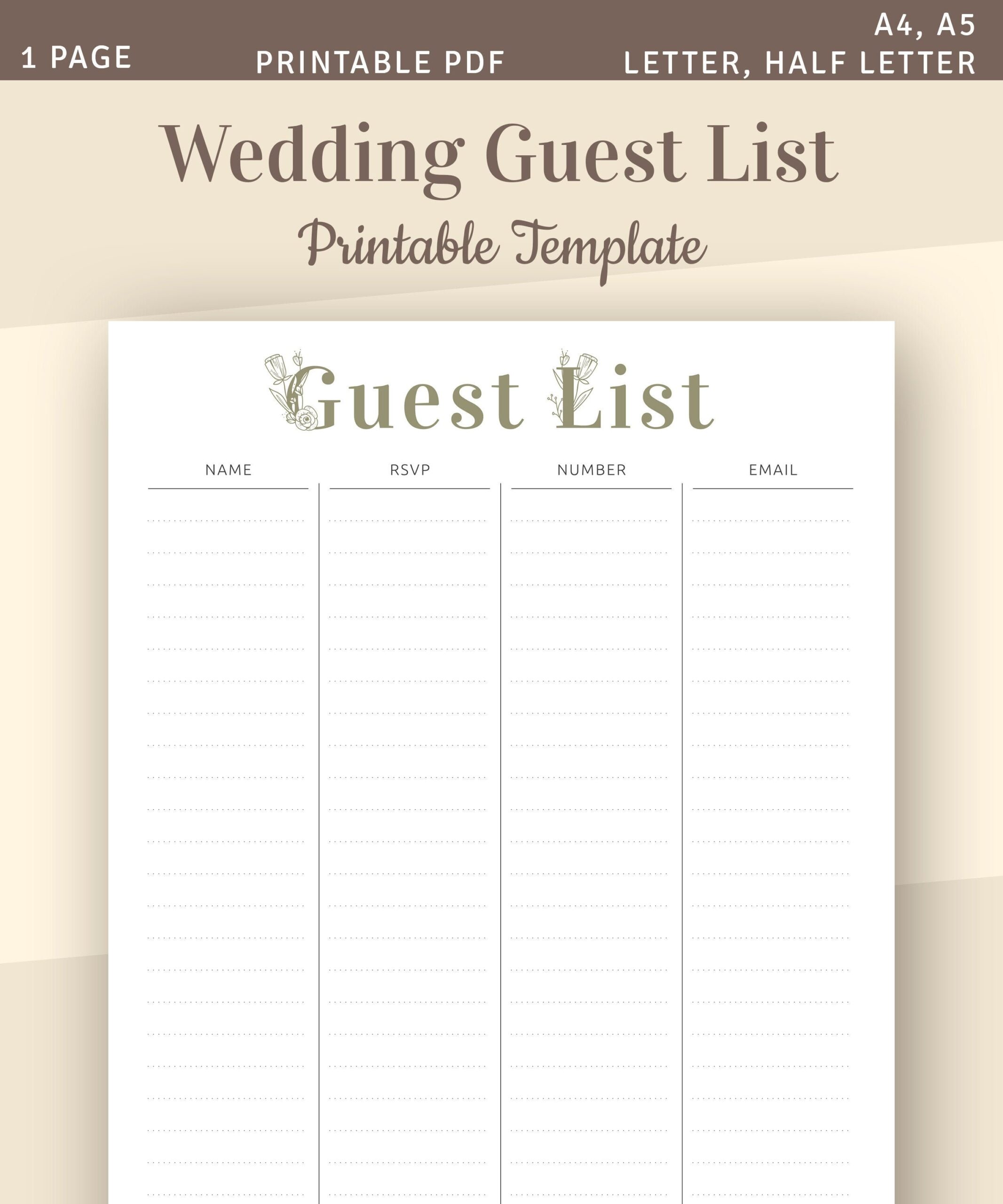 Wedding Guest List Printable Template A4 A5 Letter Etsy