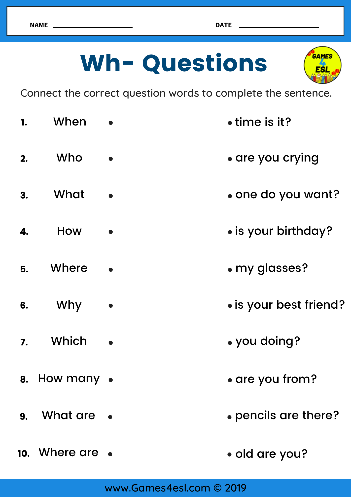 Free Printable Question Words Worksheet