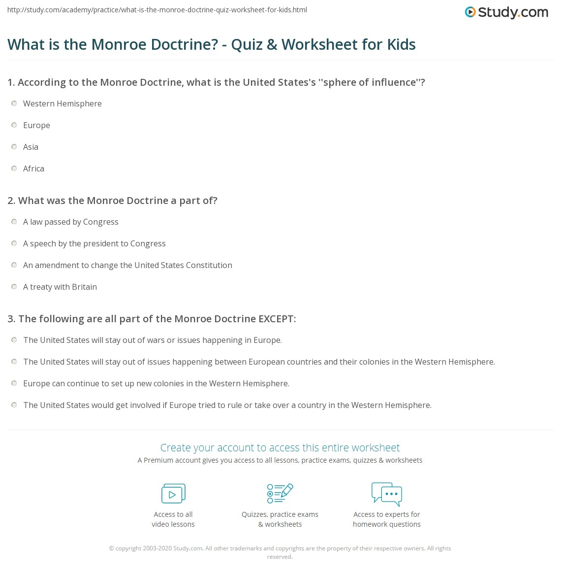 What Is The Monroe Doctrine Quiz Worksheet For Kids Study