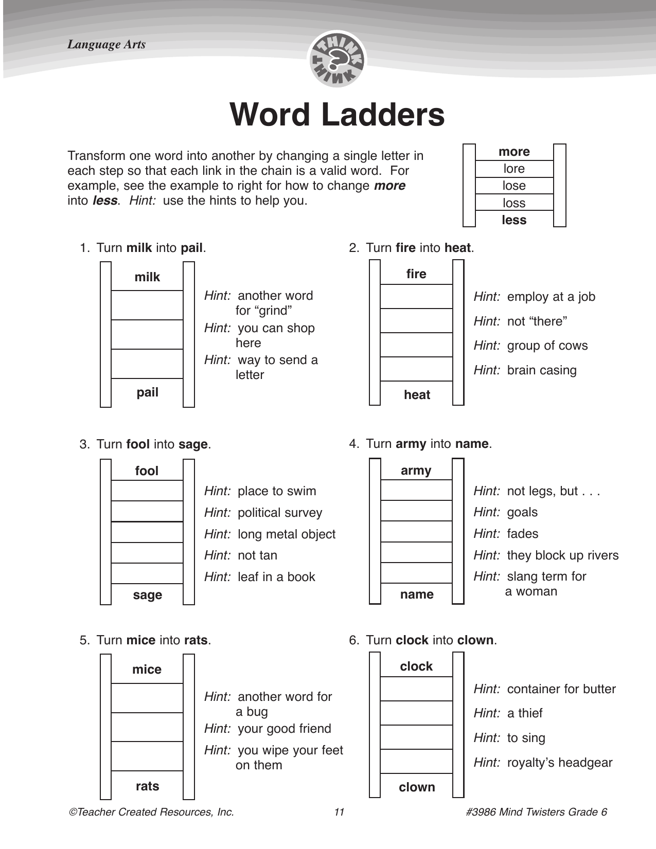 Word Ladder Puzzles Language Arts Worksheet